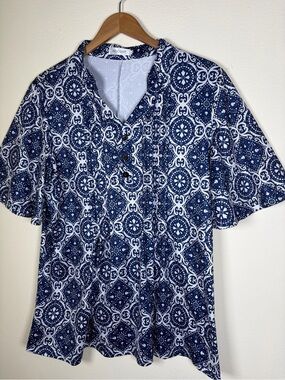 Hocosit Blue White Medallion Print Tunic Blouse Size L Boho Top